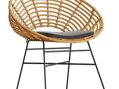 Woven Rattan Outdoor Chair with Black Metal Legs and Gray Cushion 3d model