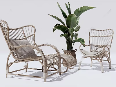 Wicker Lounge Chair With Cozy Cushion And Large Green Plant In Indoor Living Space 3d model