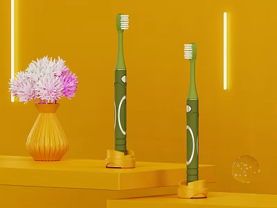 Green Electric Toothbrushes with Yellow Base and Modern Design in Yellow Background with Flower Vase 3d model