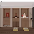 Three Modern Wooden Buddhist Altar Cabinets With Buddha Statue Red Scripture And Decorations