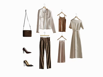 Stylish Women's Clothing Collection With Blouse Dress Pants Handbag And Heels 3d model