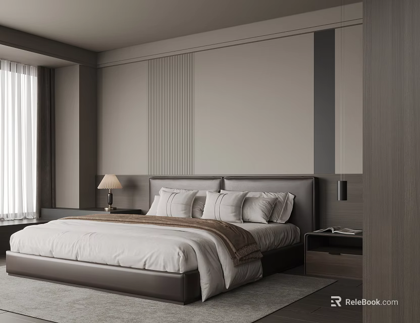 Modern Minimalist Bedroom Interior With Dark Headboard Nightstand Lamp And Striped Wall Panels 3d model 
