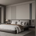Modern Minimalist Bedroom Interior With Dark Headboard Nightstand Lamp And Striped Wall Panels
