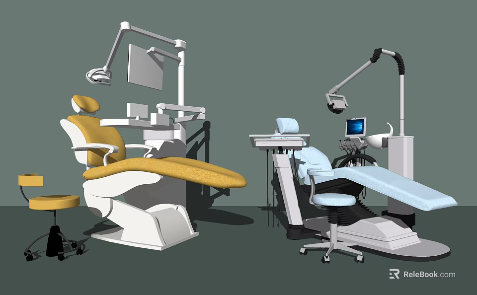 Modern Professional Dental Medical Equipment With Chairs Lights And Console Units 3d model 