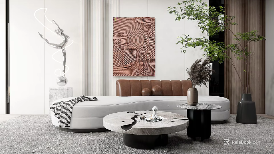 Modern White And Brown Sectional Sofa With Marble Coffee Table Abstract Painting And Green Plant 3d model 