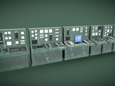 Gritty Industrial Control Consoles With Buttons Dials Screens And Worn Green Surface 3d model