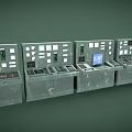 Gritty Industrial Control Consoles With Buttons Dials Screens And Worn Green Surface