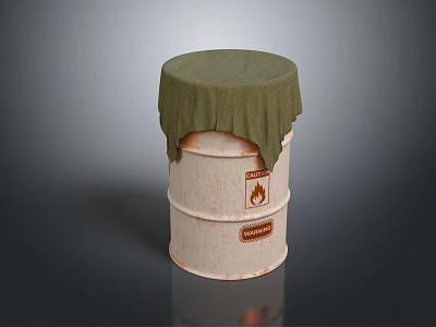 White Barrel With Green Cloth Cover And Flammable Warning Sign 3d model
