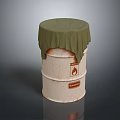 White Barrel With Green Cloth Cover And Flammable Warning Sign