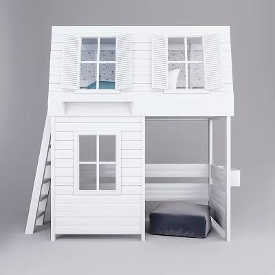 White House Shaped Kids Bed With Windows Shutters Ladder And Navy Mattress 3d model