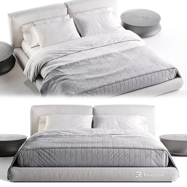 Modern Double Bed with White Pillows Gray Quilt and Round Side Tables 3d model