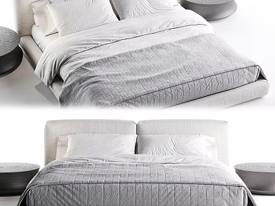 Modern Double Bed with White Pillows Gray Quilt and Round Side Tables 3d model