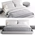 Modern Double Bed with White Pillows Gray Quilt and Round Side Tables 3d model