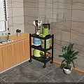 Black Rolling Multi Tier Bathroom Cabinet Rack With Toiletries Green Plant And Tile Wall Background