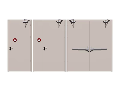 Beige Fire Doors With Hinges Red Signs And Different Handles Design 3d model