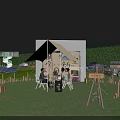 Outdoor Table Under Tent With People Sitting On Grass And Lights At Night