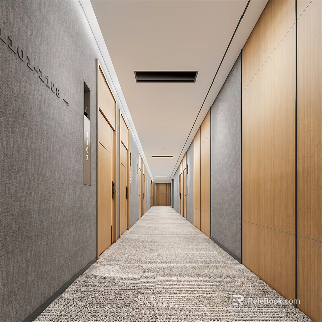 Modern Hotel Corridor With Wooden Doors Gray Walls And Carpeted Floor 3d model 