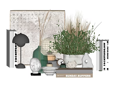 Decorative Ornament Set Including Potted Greenery Table Lamp Books Ceramic Vases And Figurines 3d model