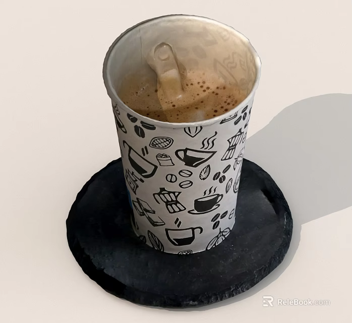 Paper Cup of Coffee With Coffee Related Illustrations On Black Coaster 3d model 