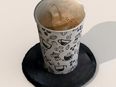 Paper Cup of Coffee With Coffee Related Illustrations On Black Coaster 3d model