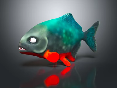Cartoon Piranha Character With Green Body Red Fins And Sharp Teeth 3d model
