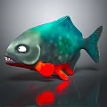 Cartoon Piranha Character With Green Body Red Fins And Sharp Teeth