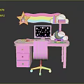 Kids Pink Desk with Rainbow Star Cloud Decor Drawers Computer and Chair