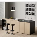 Modern Bar Counter With Black Countertop Wooden Cabinets Stools And Pendant Lights