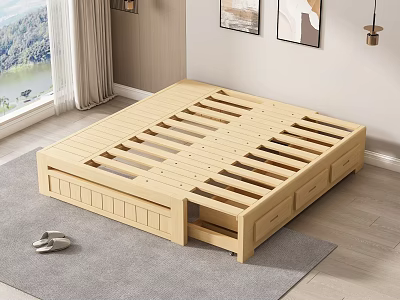 Wooden Double Bed with Low Profile Frame Storage Drawers and Mountain View Window in Bedroom 3d model