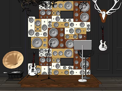 Modern Audio Room with Wall of Speakers Guitar Gramophone and Microphone Stand 3d model