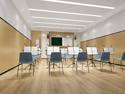 School Music Classroom Interior With Music Stands Chairs Blackboard And Speakers 3d model