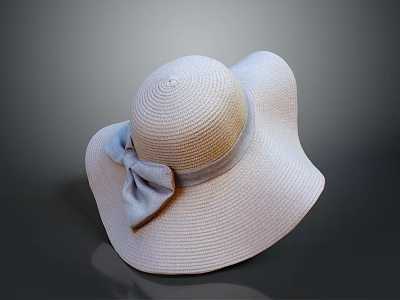 Stylish Wide Brim Straw Hat With Light Blue Bow Decoration For Summer 3d model
