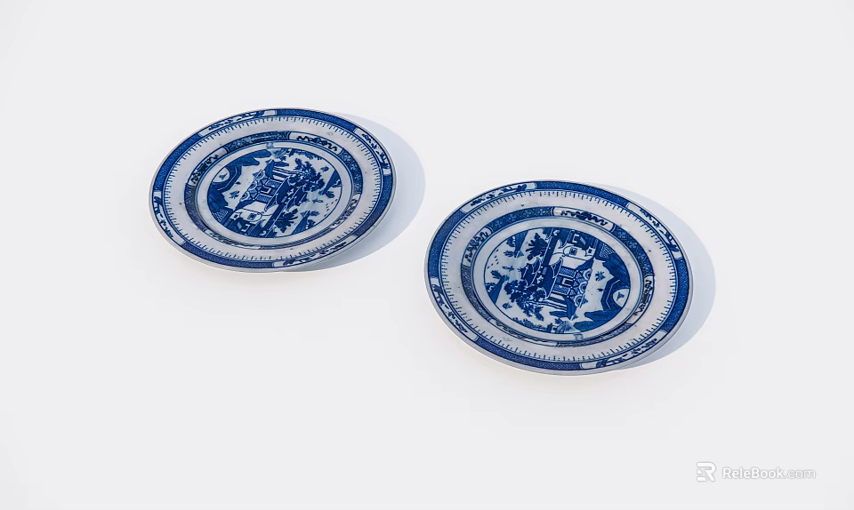 Traditional Ceramic Plates With Blue And White Intricate Patterns For Dining Decor 3d model 