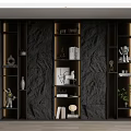 Modern Luxury Black Bookcase With Lighting Stone Texture Wall Books Ornaments And Green Plants