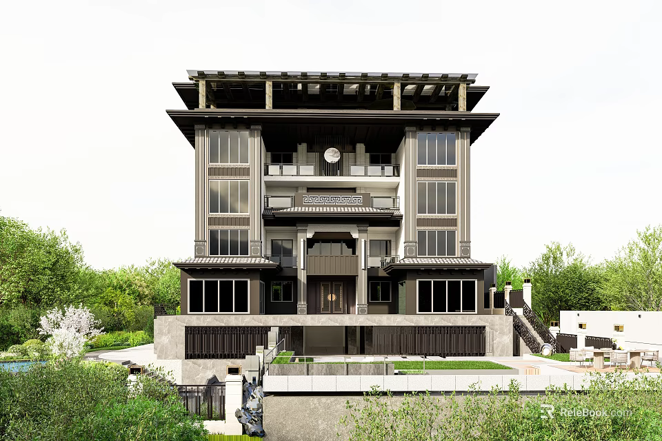 Traditional Chinese Style Detached Villa Exterior With Courtyard Greenery And Large Windows 3d model 