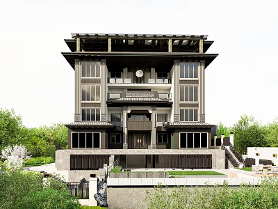 Traditional Chinese Style Detached Villa Exterior With Courtyard Greenery And Large Windows 3d model