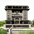 Traditional Chinese Style Detached Villa Exterior With Courtyard Greenery And Large Windows
