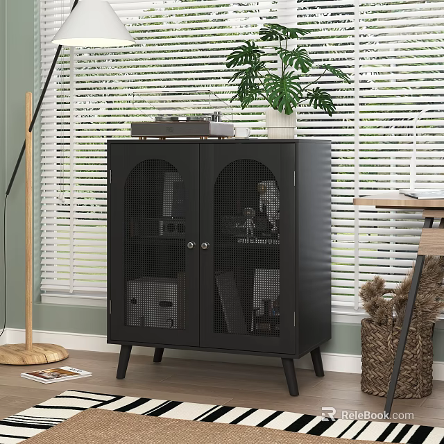 Black Entryway Cabinet Sideboard with Mesh Doors Record Player Potted Plant and Blinds 3d model 
