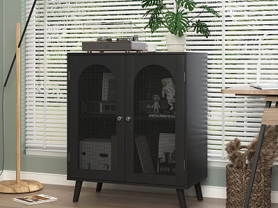 Black Entryway Cabinet Sideboard with Mesh Doors Record Player Potted Plant and Blinds 3d model