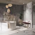 Luxurious Modern Bathroom Interior Design With Freestanding Bathtub Marble Walls And Pendant Lights