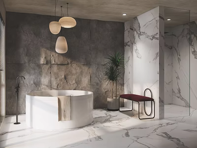 Luxurious Modern Bathroom Interior Design With Freestanding Bathtub Marble Walls And Pendant Lights 3d model