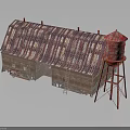 Traditional Wooden Building With Striped Roof Red Water Tower And Leaning Ladder