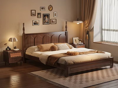 Classic Wooden Double Bed With Decorative Headboard Pillows Blankets Nightstands And Framed Pictures On Wall 3d model