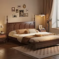 Classic Wooden Double Bed With Decorative Headboard Pillows Blankets Nightstands And Framed Pictures On Wall