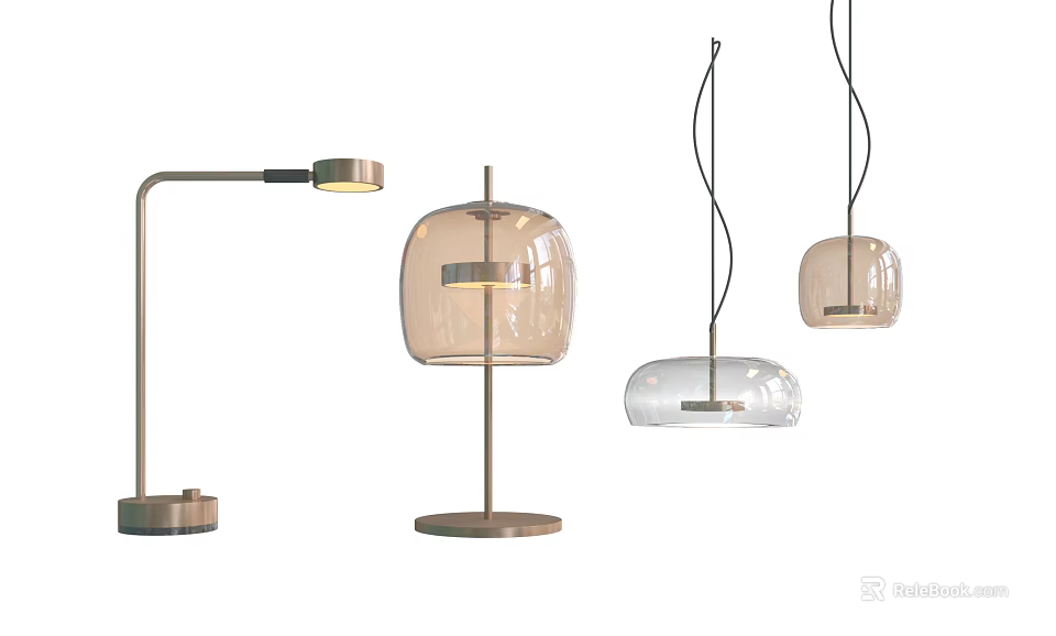 Modern Table And Pendant Lamps Combination With Glass Shades And Metal Bases 3d model 