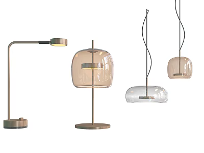 Modern Table And Pendant Lamps Combination With Glass Shades And Metal Bases 3d model
