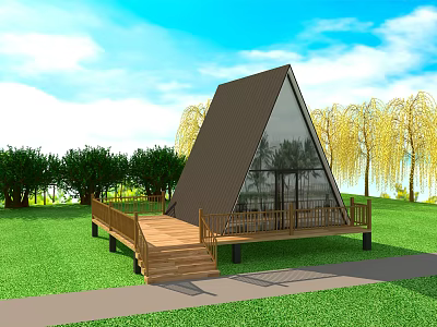 Triangle Roof Wooden Cabin With Wooden Deck Staircase Green Lawn Trees And Blue Sky 3d model