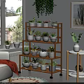 Indoor Garden Decor With Multi Layer Bamboo Plant Stand White Pots And Potted Succulents