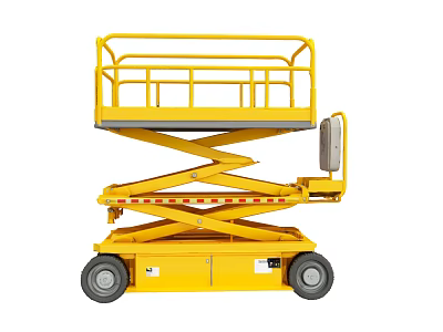 Yellow Mobile Scissor Lift Functional Vehicle With Elevating Platform And Guardrail 3d model