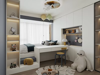 Modern Tatami Bedroom Interior With Tatami Bed Desk White Cabinets And Stuffed Toys 3d model